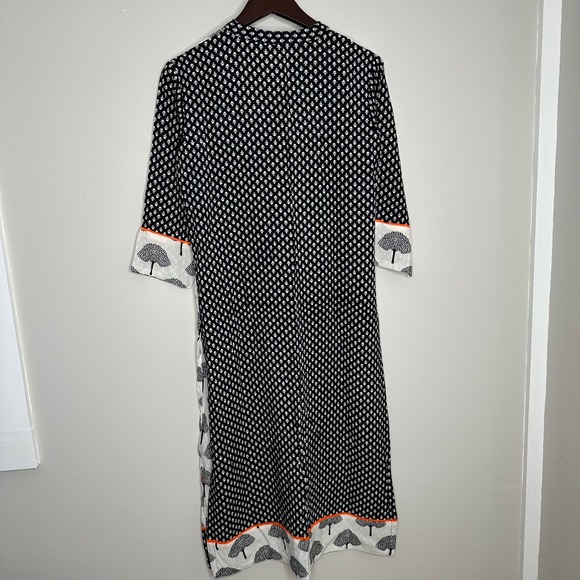 Brandless Women's Boho Tree Print Tunic Dress Orange Trim V Neck Button Front - Picture 5 of 6